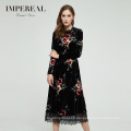 Manufacturer black lace detail velvet printed long sleeved dress